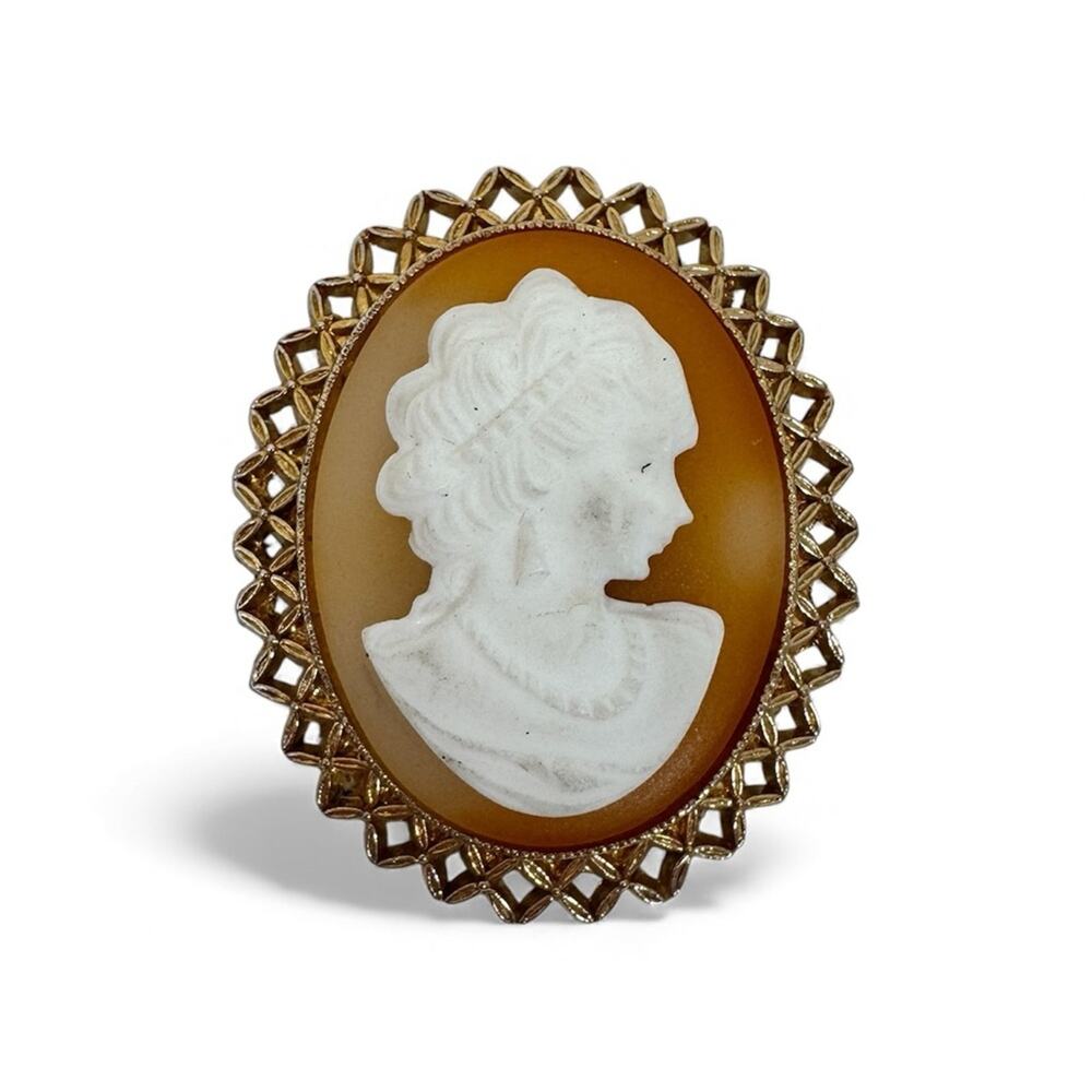 Vintage Gold Tone Orange White Cameo Brooch Womens Jewelry Made in Japan